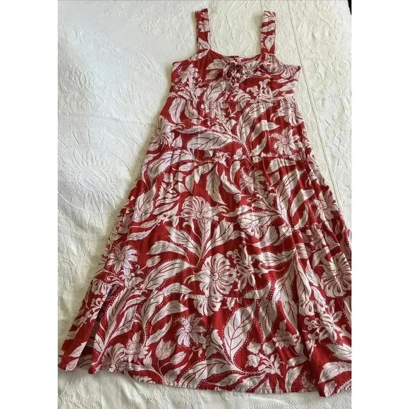 Red Floral Linen Blend Lace Up Dress Flower Maxi Pockets Who What Wear Size S - Picture 11 of 13